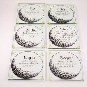 Glass Coasters Golf Words Vocabulary Terms Aqua Green Square Vintage Set of 6